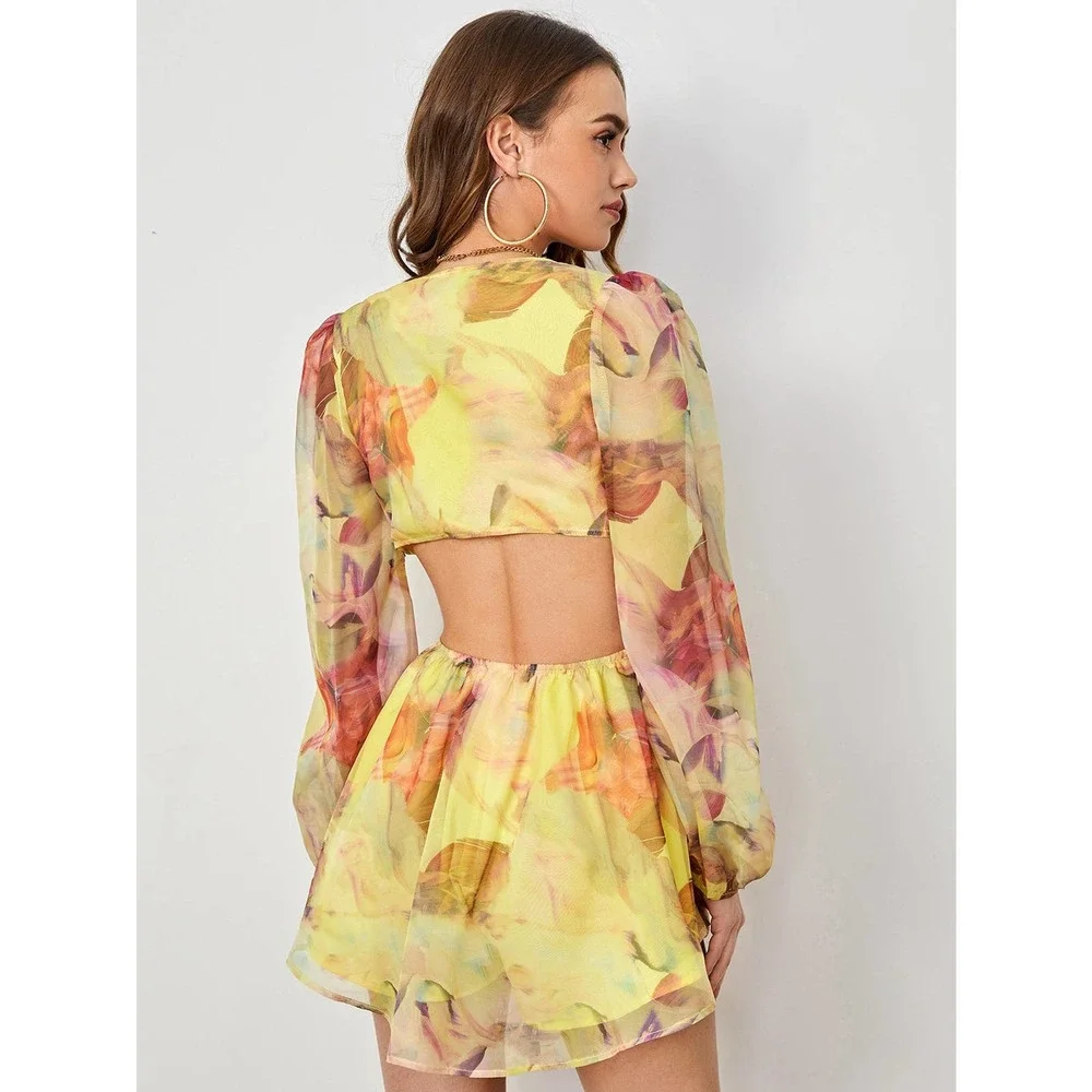 boho Lantern Sleeve Knot Cutout Waist Chiffon Romper - Picture 5 of 11